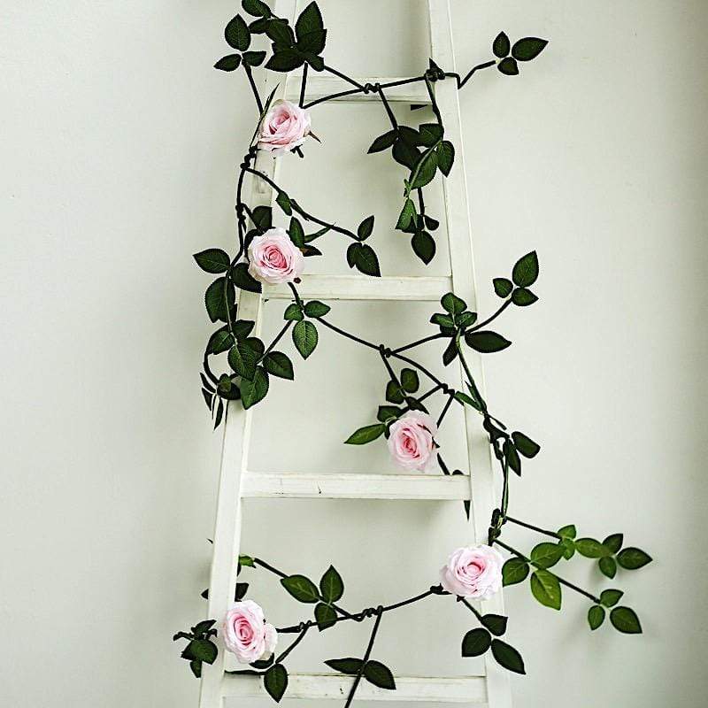 6 ft long 5 Silk Rose Flowers Garland with Leaves and Bendable Wire Vines