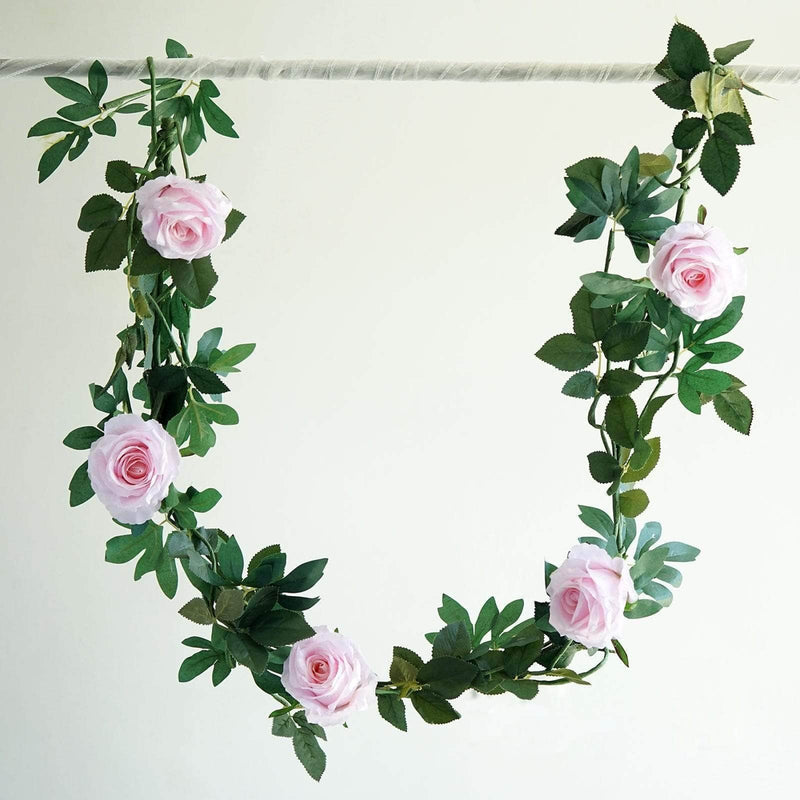 6 ft long 5 Silk Rose Flowers Garland with Leaves and Bendable Wire Vines