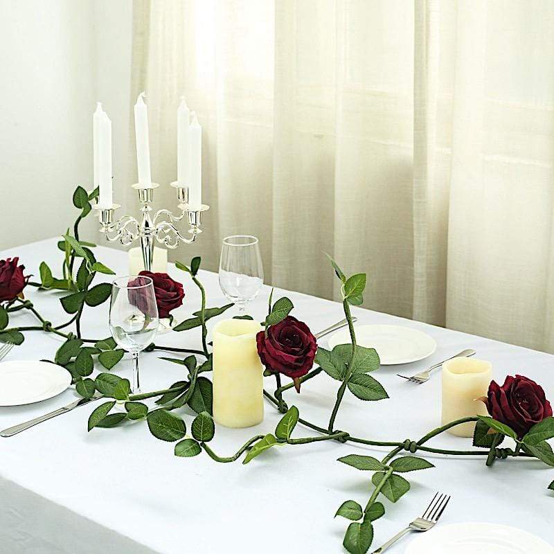 6 ft long 5 Silk Rose Flowers Garland with Leaves and Bendable Wire Vines