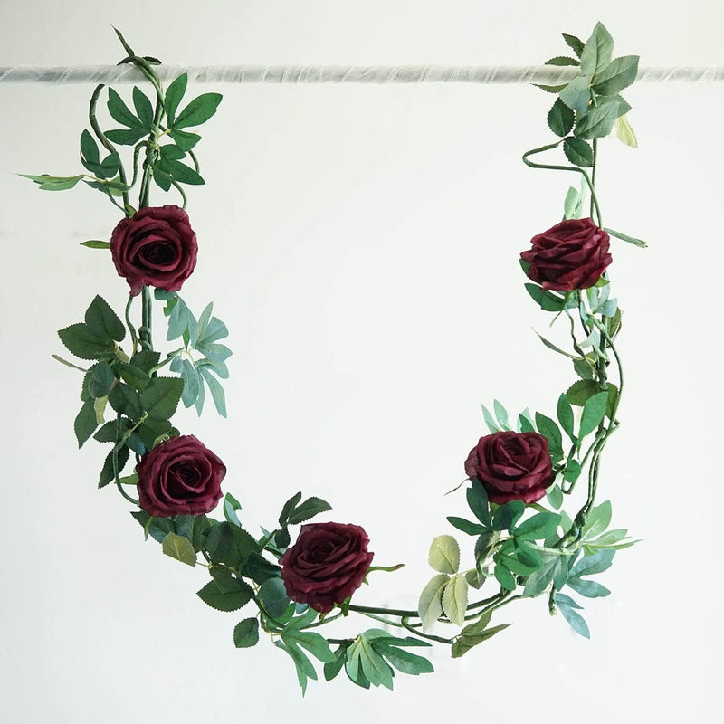 6 ft long 5 Silk Rose Flowers Garland with Leaves and Bendable Wire Vines