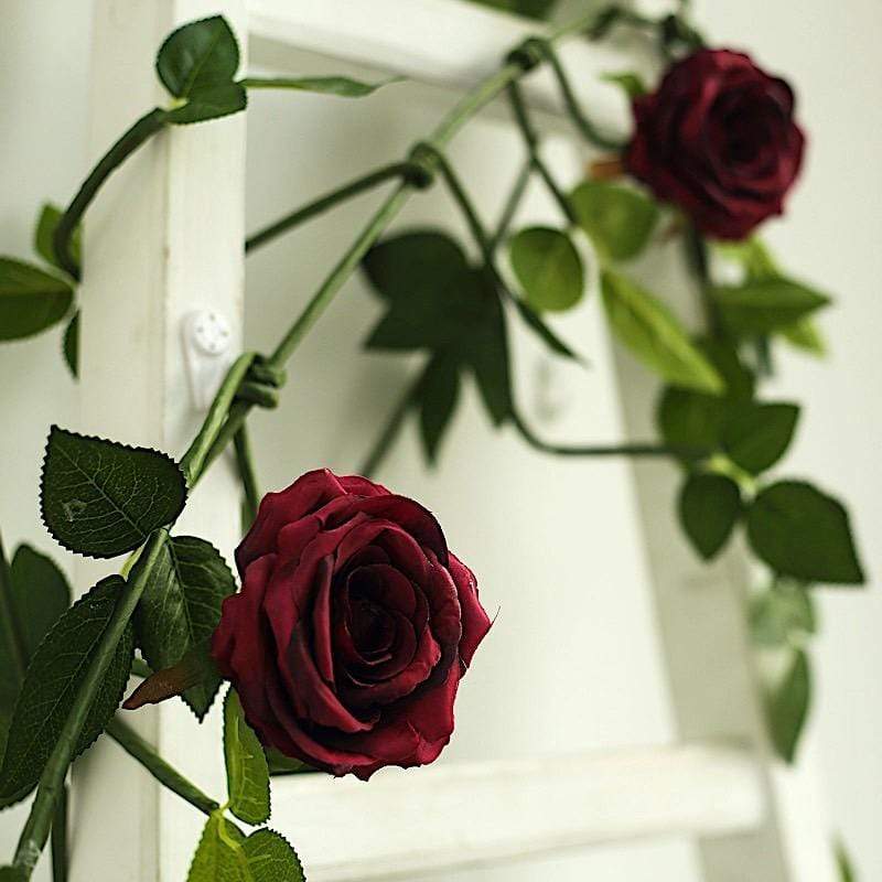6 ft long 5 Silk Rose Flowers Garland with Leaves and Bendable Wire Vines