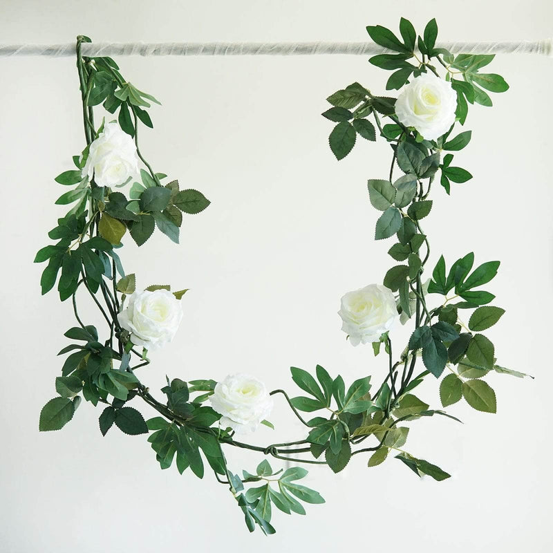6 ft long 5 Silk Rose Flowers Garland with Leaves and Bendable Wire Vines