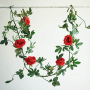 6 ft long 5 Silk Rose Flowers Garland with Leaves and Bendable Wire Vines