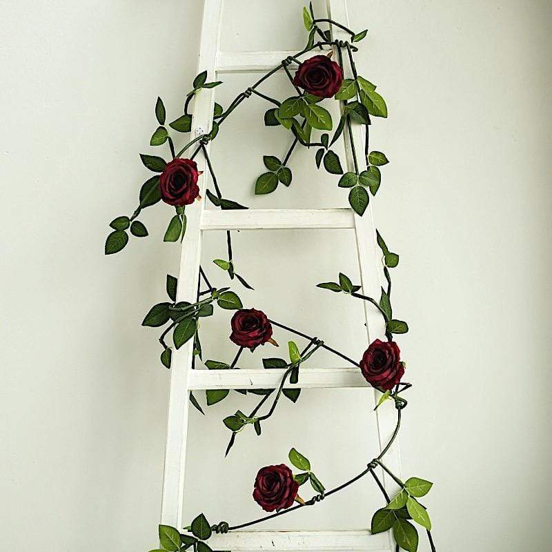 6 ft long 5 Silk Rose Flowers Garland with Leaves and Bendable Wire Vines