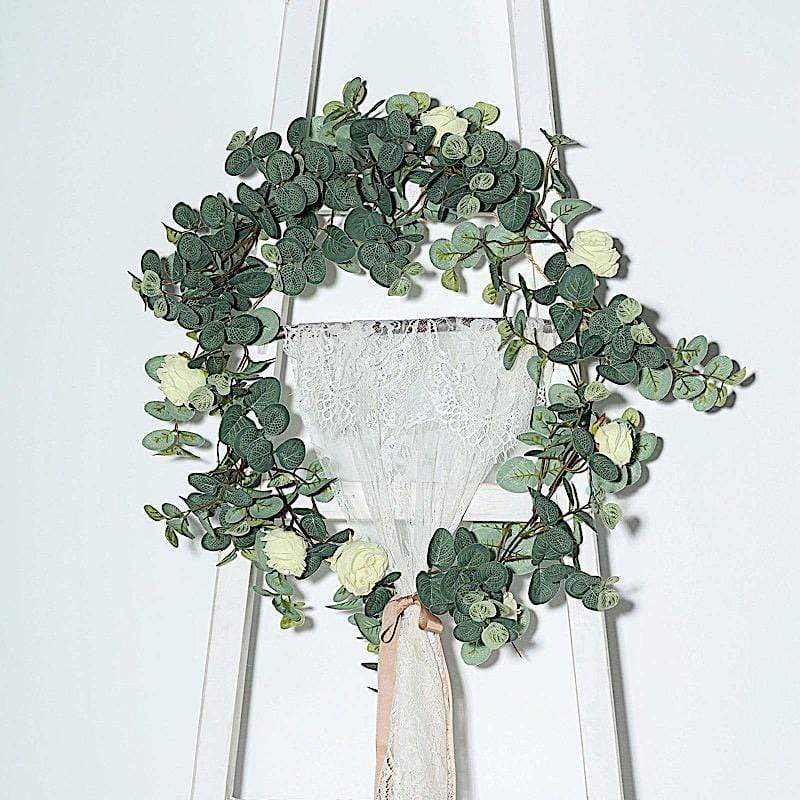 6 ft long Artificial Eucalyptus Foliage Garlands with Silk Roses - Frosted Green and Ivory ARTI_GLND_GRN016