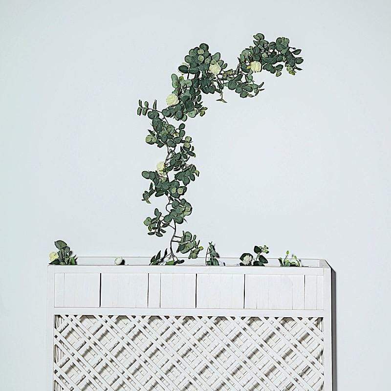 6 ft long Artificial Eucalyptus Foliage Garlands with Silk Roses - Frosted Green and Ivory ARTI_GLND_GRN016