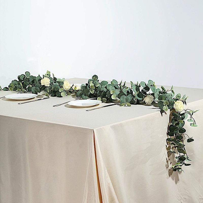 6 ft long Artificial Eucalyptus Foliage Garlands with Silk Roses - Frosted Green and Ivory ARTI_GLND_GRN016