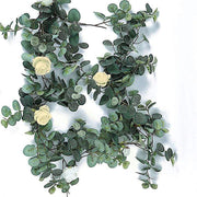 6 ft long Artificial Eucalyptus Foliage Garlands with Silk Roses - Frosted Green and Ivory ARTI_GLND_GRN016