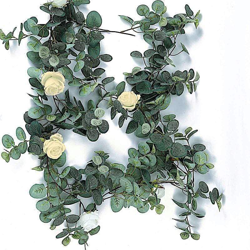 6 ft long Artificial Eucalyptus Foliage Garlands with Silk Roses - Frosted Green and Ivory ARTI_GLND_GRN016