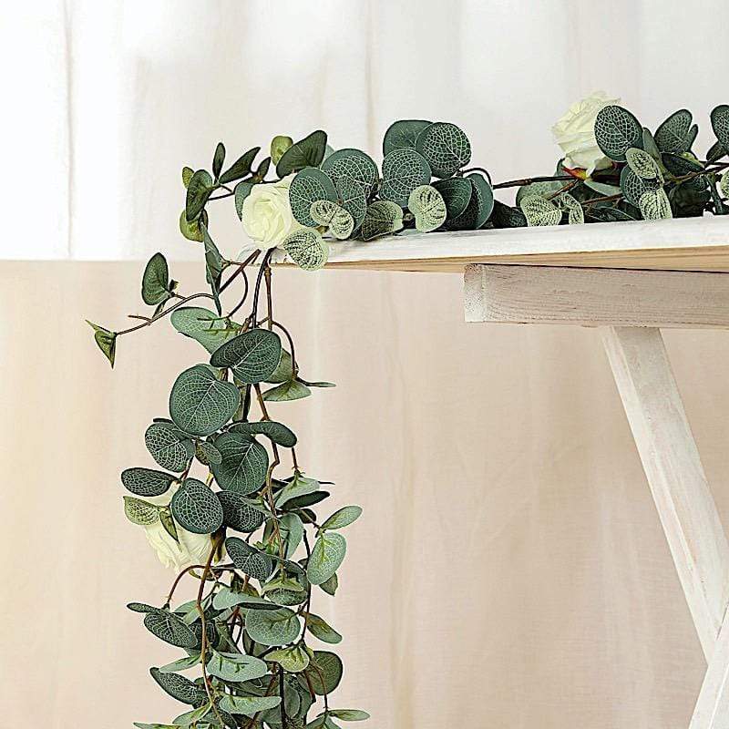 6 ft long Artificial Eucalyptus Foliage Garlands with Silk Roses - Frosted Green and Ivory ARTI_GLND_GRN016