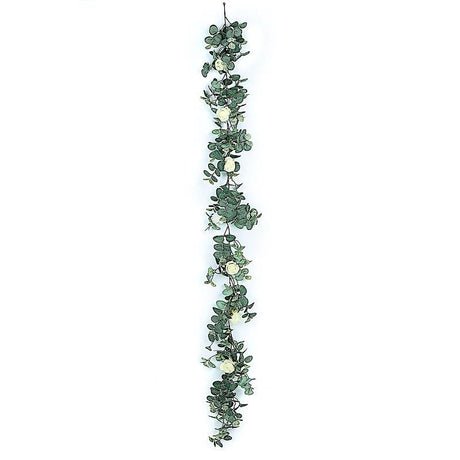 6 ft long Artificial Eucalyptus Foliage Garlands with Silk Roses - Frosted Green and Ivory ARTI_GLND_GRN016