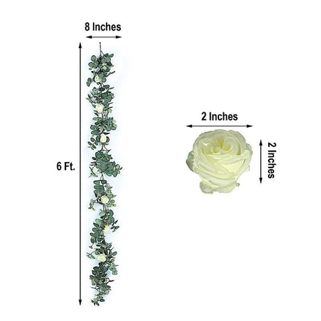 6 ft long Artificial Eucalyptus Foliage Garlands with Silk Roses - Frosted Green and Ivory ARTI_GLND_GRN016