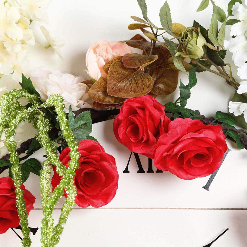 6 ft long Silk Rose Garland with Leaves and Bendable Wire Vines