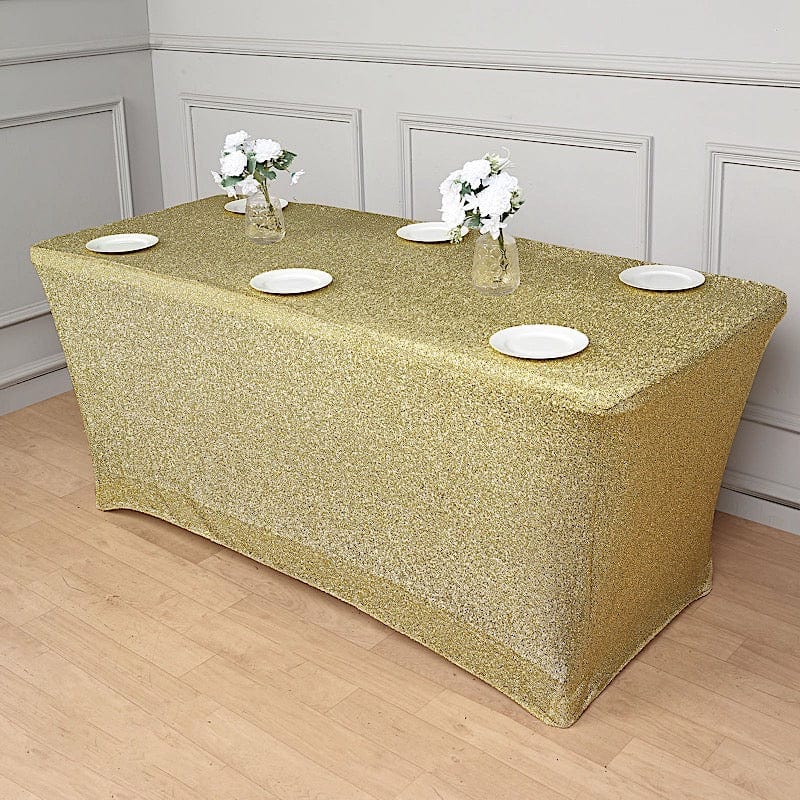 6 ft Rectangular Fitted Tablecloth Metallic Tinsel Spandex Table Cover