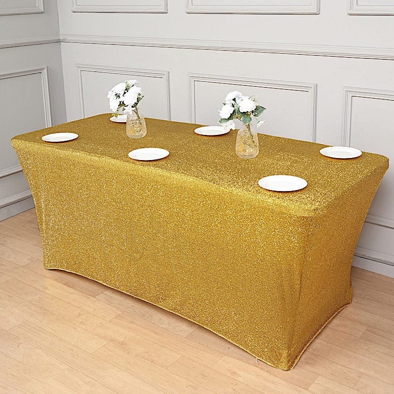 6 ft Rectangular Fitted Tablecloth Metallic Tinsel Spandex Table Cover