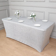 6 ft Rectangular Fitted Tablecloth Metallic Tinsel Spandex Table Cover