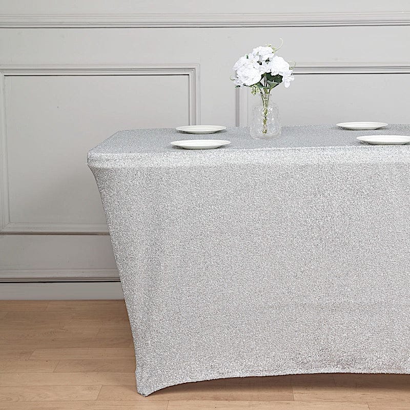 6 ft Rectangular Fitted Tablecloth Metallic Tinsel Spandex Table Cover