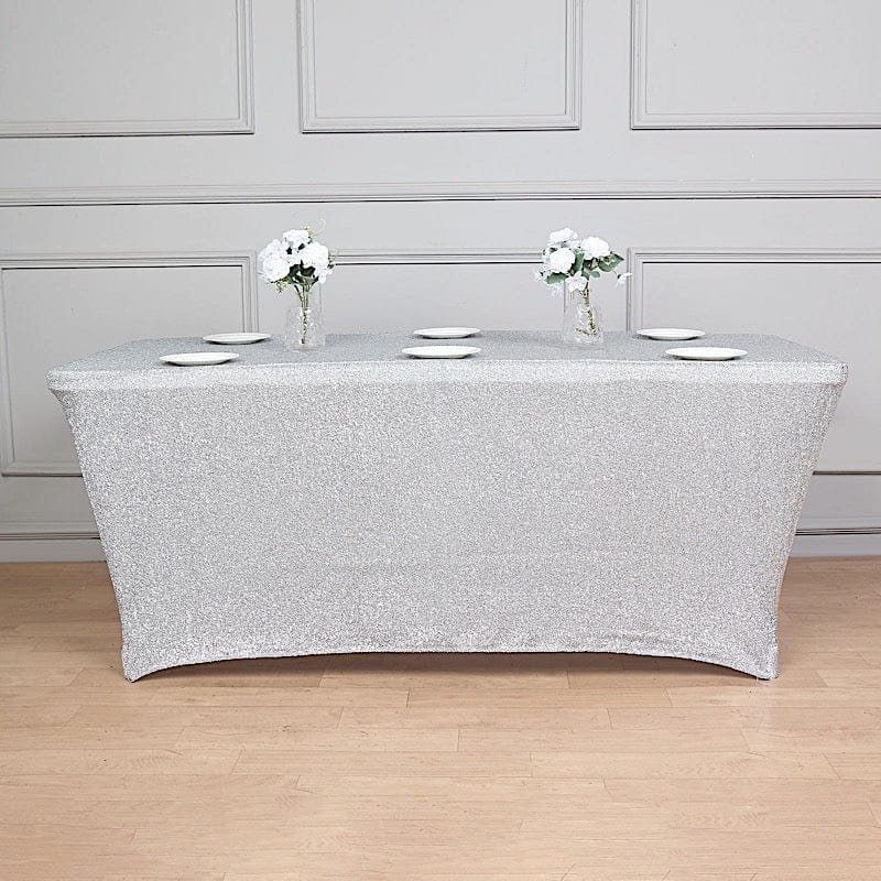 6 ft Rectangular Fitted Tablecloth Metallic Tinsel Spandex Table Cover