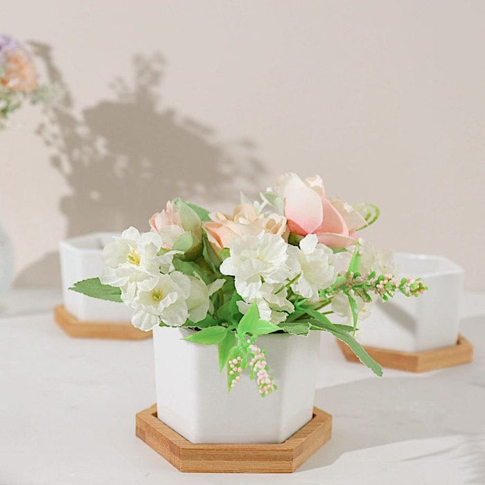 6 Mini 3" tall Ceramic Flower Pots Hexagon Geometric Planters - White and Natural PLNT_CERM_004_S_WHT