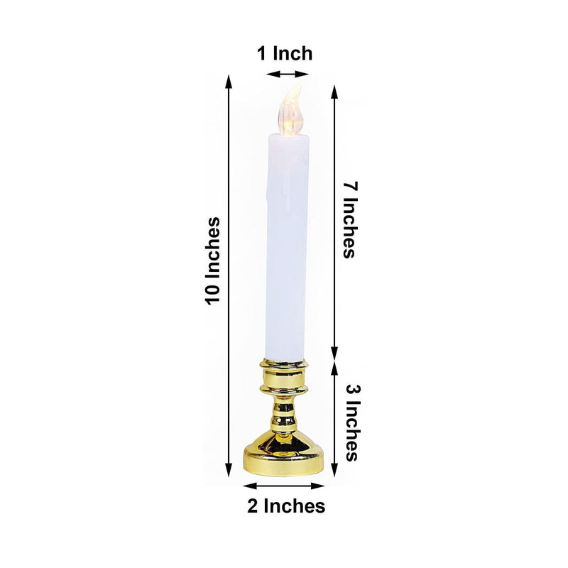 6 pcs 10" tall LED Taper Candles Lights with Candle Holders - White and Gold LED_CAND_TP02_WHT