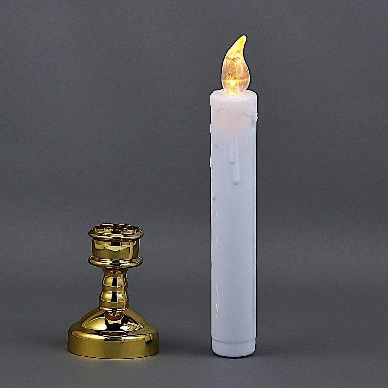 6 pcs 10" tall LED Taper Candles Lights with Candle Holders - White and Gold LED_CAND_TP02_WHT