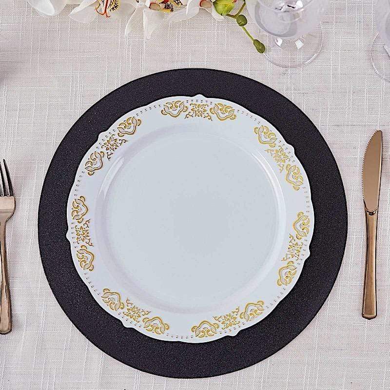 6 pcs 13" Round Glittered Faux Leather Placemats - Black PLMAT_GLIT01_RND_BLK