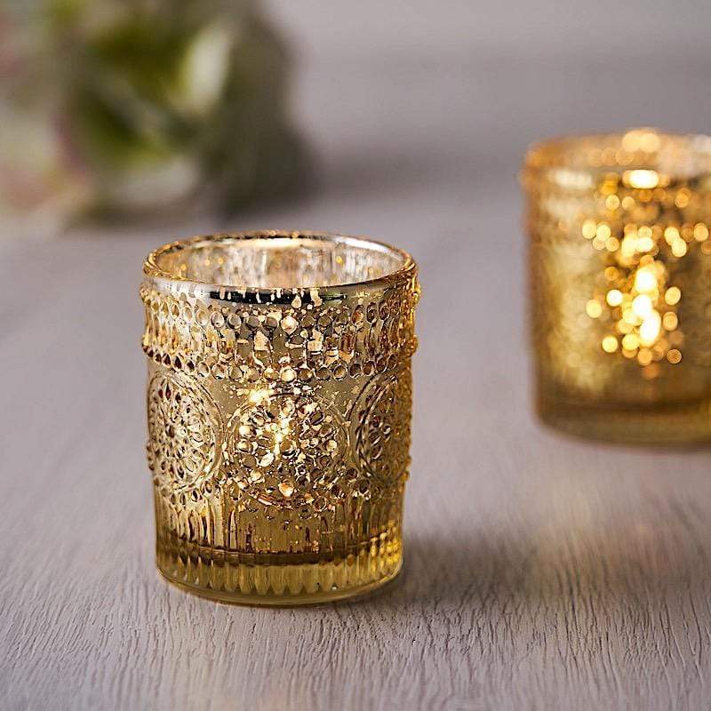 6 pcs 2.5" Mercury Glass Votive Candle Holders with Primrose Design