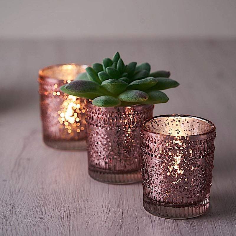 6 pcs 2.5" Mercury Glass Votive Candle Holders with Primrose Design