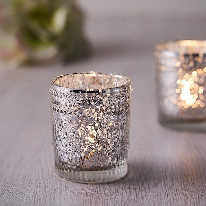 6 pcs 2.5" Mercury Glass Votive Candle Holders with Primrose Design