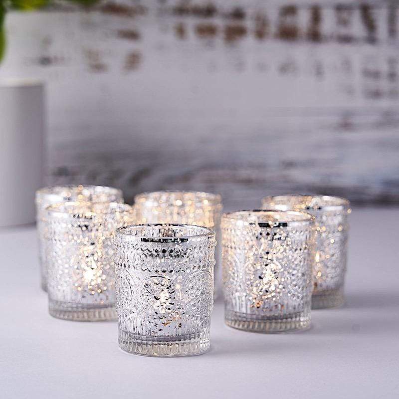 6 pcs 2.5" Mercury Glass Votive Candle Holders with Primrose Design