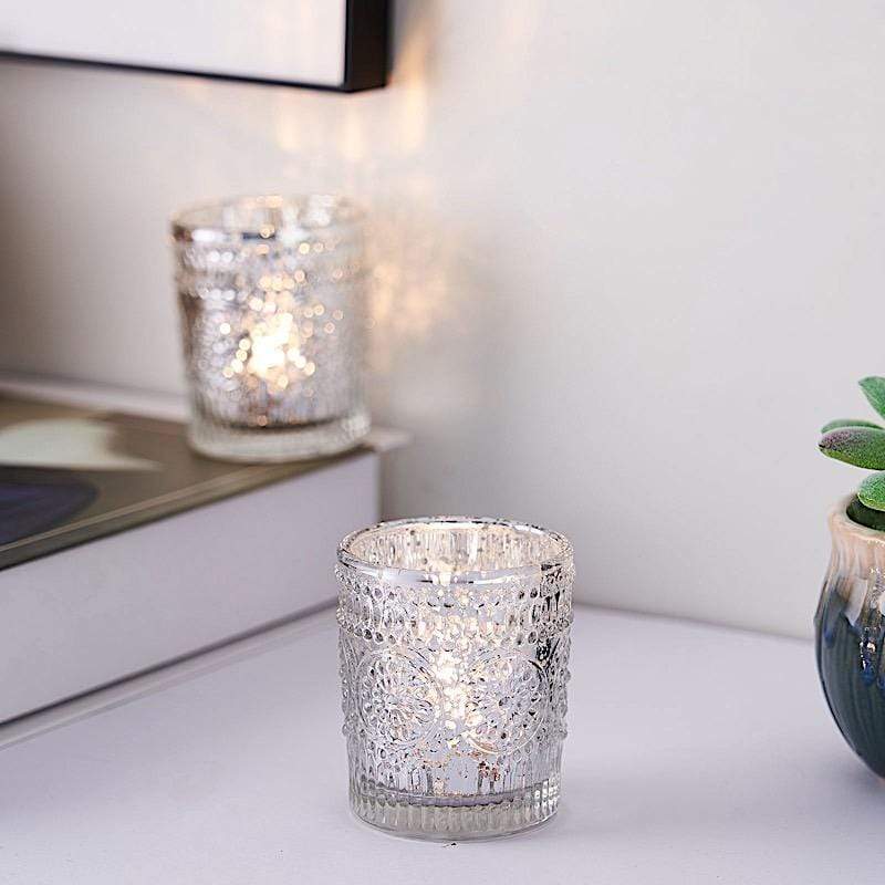 6 pcs 2.5" Mercury Glass Votive Candle Holders with Primrose Design