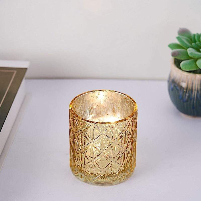 6 pcs 3" Mercury Glass Votive Candle Holders with Geometric Design