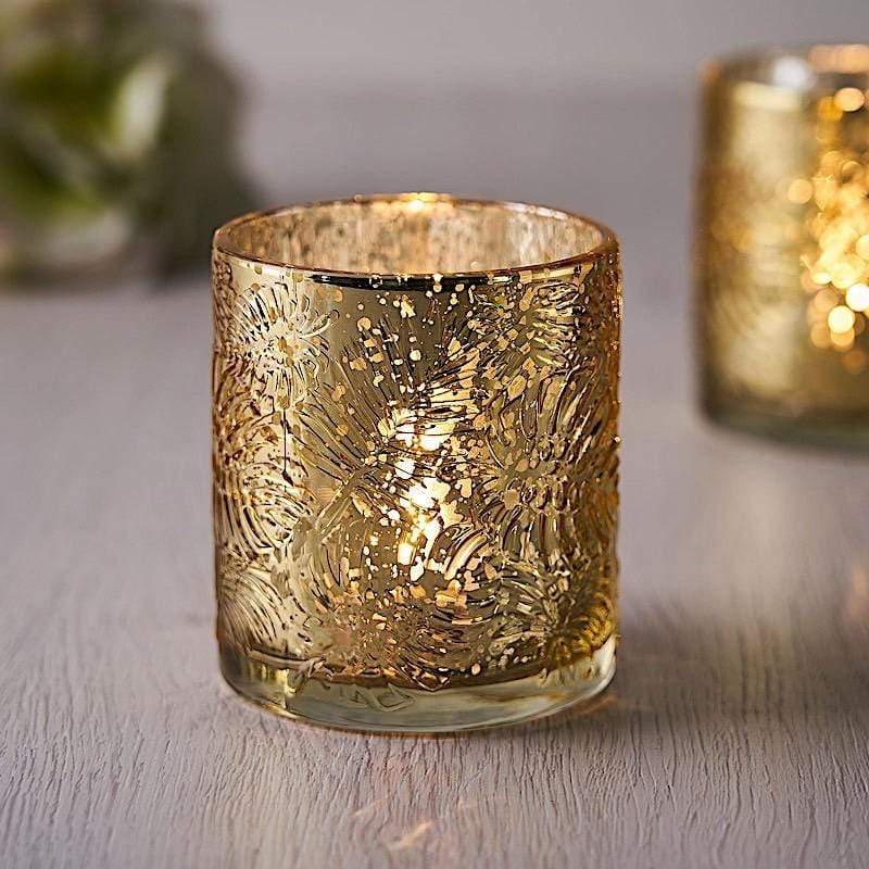 6 pcs 3" Mercury Glass Votive Candle Holders with Leaves Design