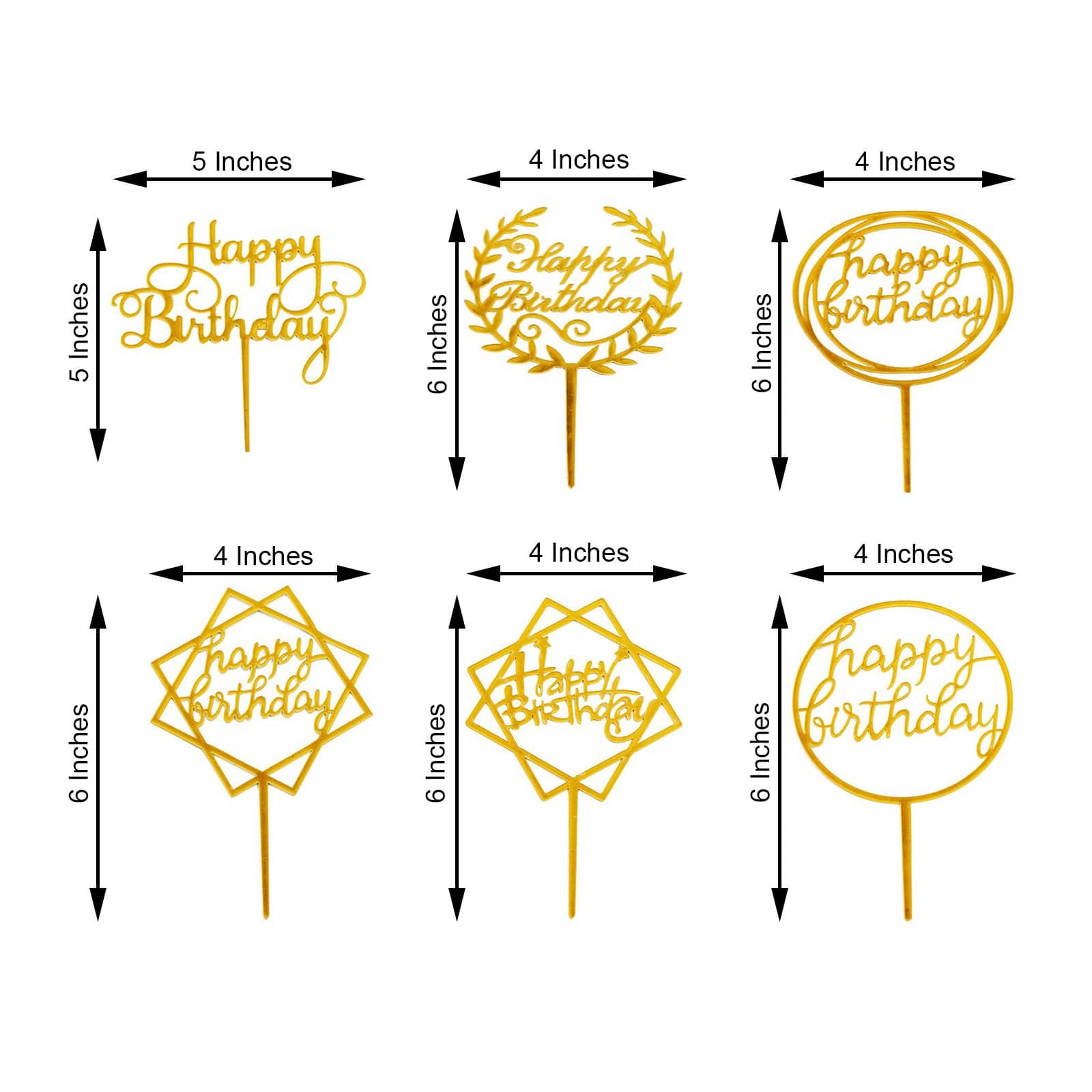 6 pcs Assorted Acrylic Happy Birthday Cake Toppers - Gold CAKE_TOP_004_SET_GOLD