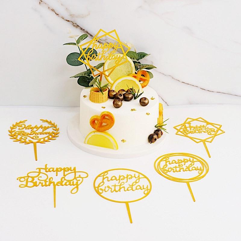 6 pcs Assorted Acrylic Happy Birthday Cake Toppers - Gold CAKE_TOP_004_SET_GOLD