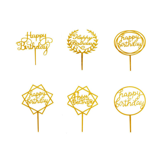 6 pcs Assorted Acrylic Happy Birthday Cake Toppers - Gold CAKE_TOP_004_SET_GOLD