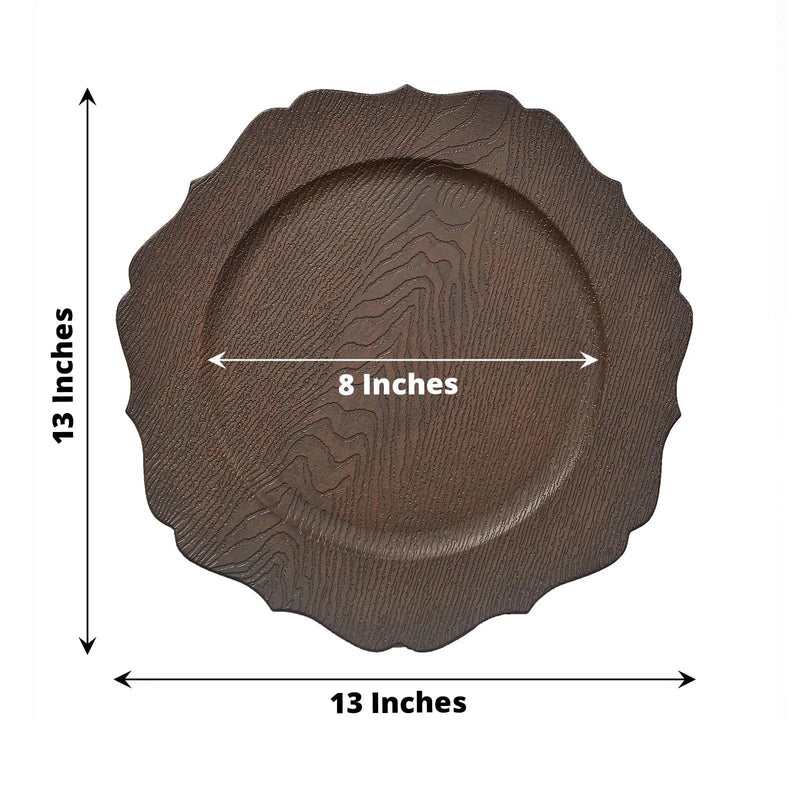 6 Round 13" Rustic Wooden Acrylic Charger Plates with Scallop Rim Design