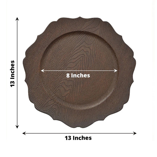 6 Round 13" Rustic Wooden Acrylic Charger Plates with Scallop Rim Design