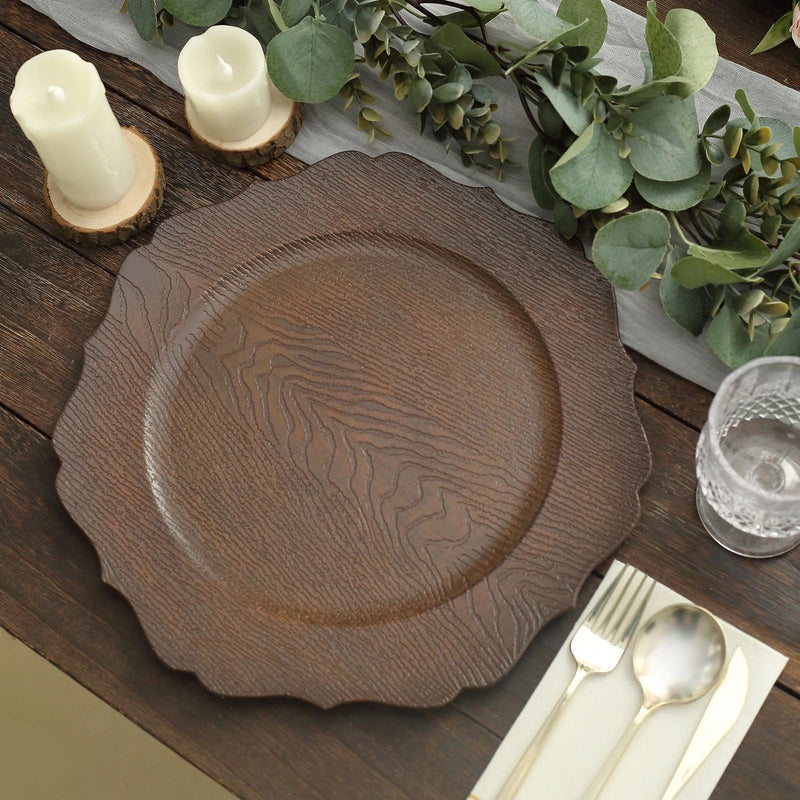 6 Round 13" Rustic Wooden Acrylic Charger Plates with Scallop Rim Design