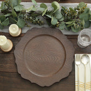 6 Round 13" Rustic Wooden Acrylic Charger Plates with Scallop Rim Design