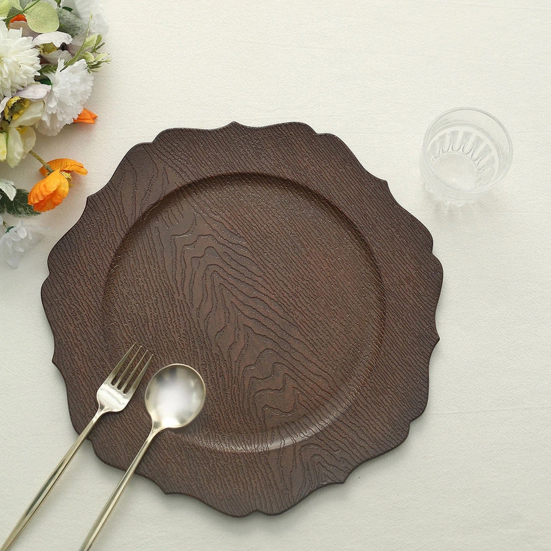6 Round 13" Rustic Wooden Acrylic Charger Plates with Scallop Rim Design