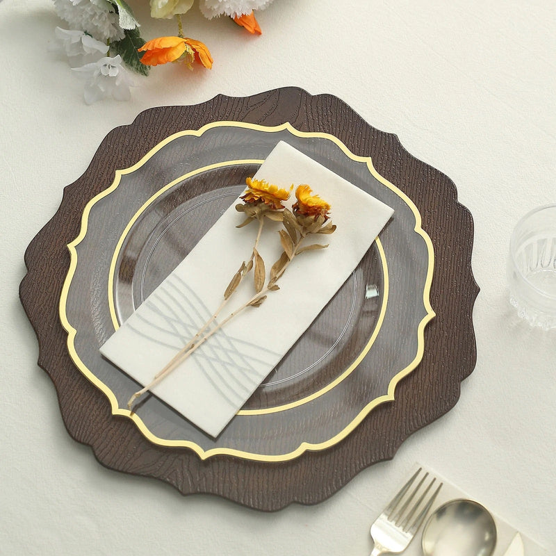 6 Round 13" Rustic Wooden Acrylic Charger Plates with Scallop Rim Design
