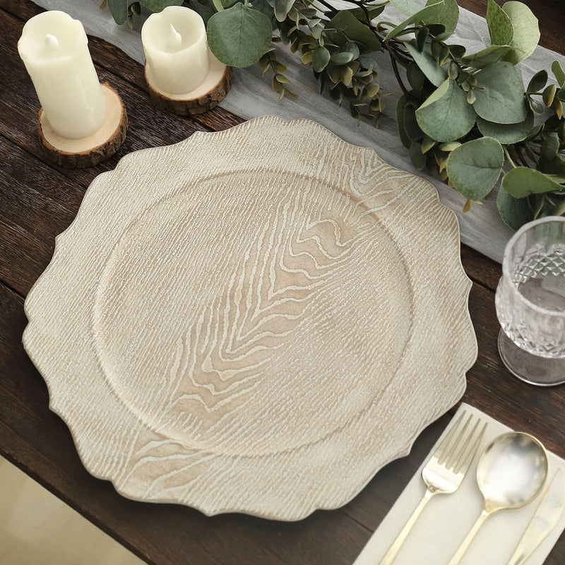 6 Round 13" Rustic Wooden Acrylic Charger Plates with Scallop Rim Design