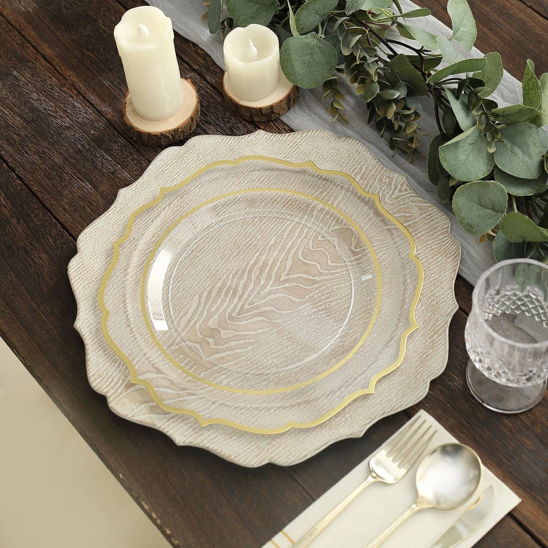 6 Round 13" Rustic Wooden Acrylic Charger Plates with Scallop Rim Design