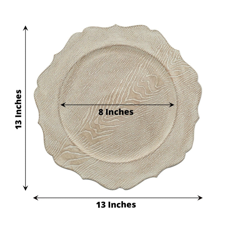 6 Round 13" Rustic Wooden Acrylic Charger Plates with Scallop Rim Design