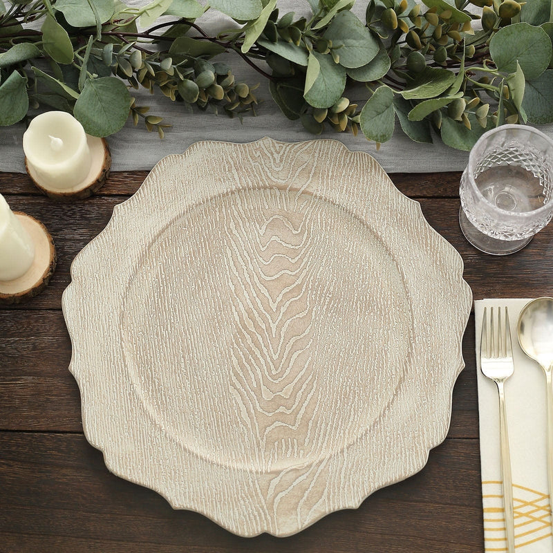 6 Round 13" Rustic Wooden Acrylic Charger Plates with Scallop Rim Design