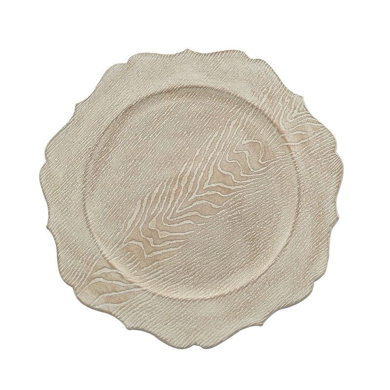6 Round 13" Rustic Wooden Acrylic Charger Plates with Scallop Rim Design