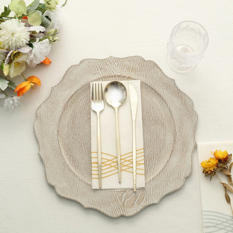 6 Round 13" Rustic Wooden Acrylic Charger Plates with Scallop Rim Design