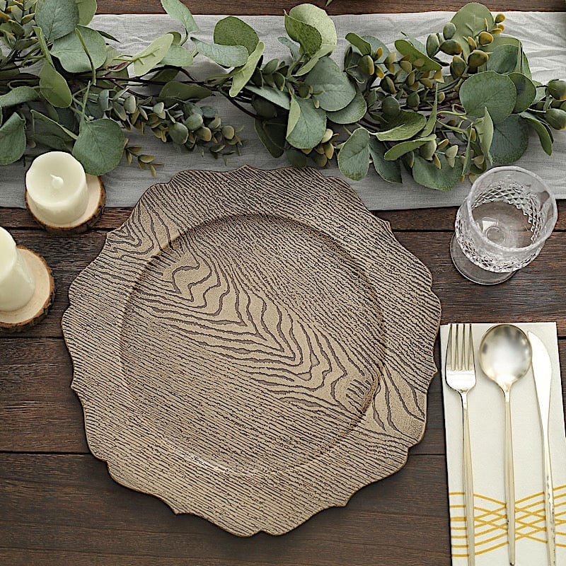 6 Round 13" Rustic Wooden Acrylic Charger Plates with Scallop Rim Design