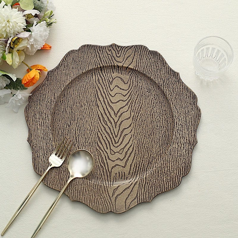 6 Round 13" Rustic Wooden Acrylic Charger Plates with Scallop Rim Design